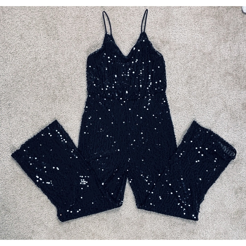 Double Crazy Black Sequin Jumpsuit V-Neck Spaghetti Strap Women Size Medium